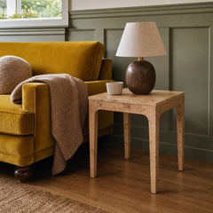 Mappa Side Table in Light Burl styled in Portland Hawthorne Craftsmbungalow living room - Whats New Furniture