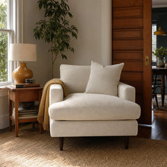 Martha Club Chair in Beach Alabaster styled in Portland St. Johns bungalow living room - Whats New Furniture