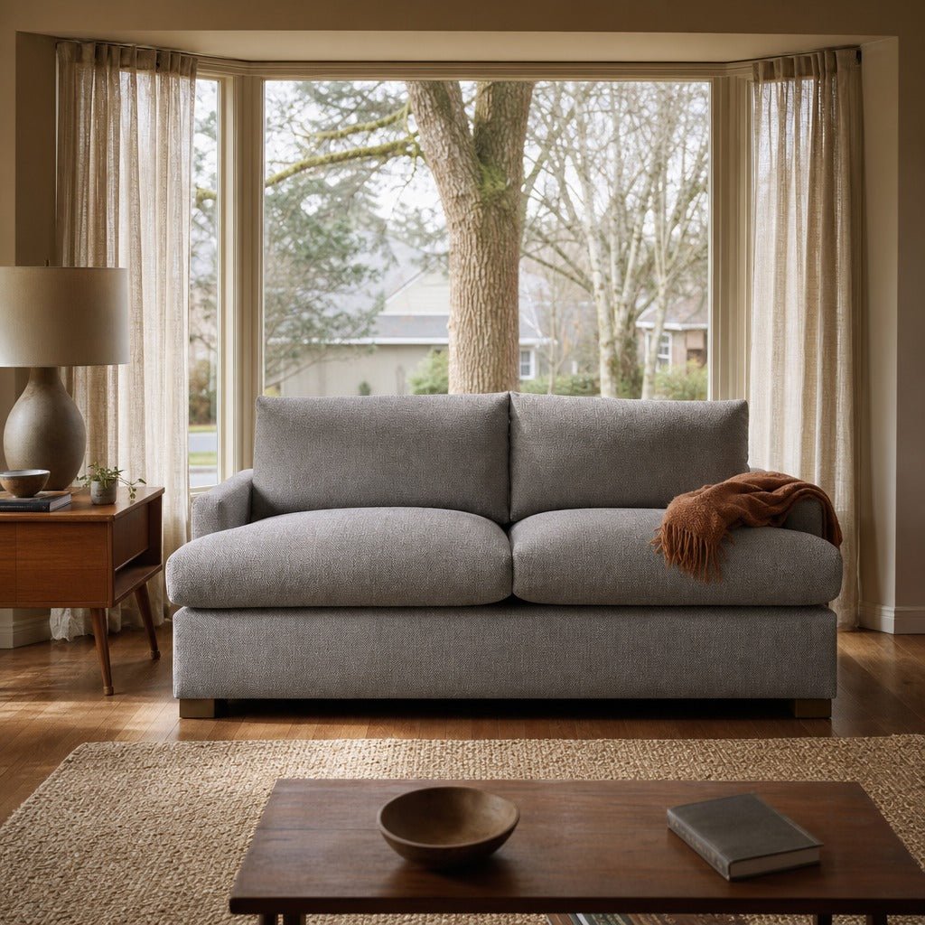 Martha Performance Double Sofa Bed in Pepper Grey styled in Portland 1960s Garden Home ranch living room - Whats New Furniture