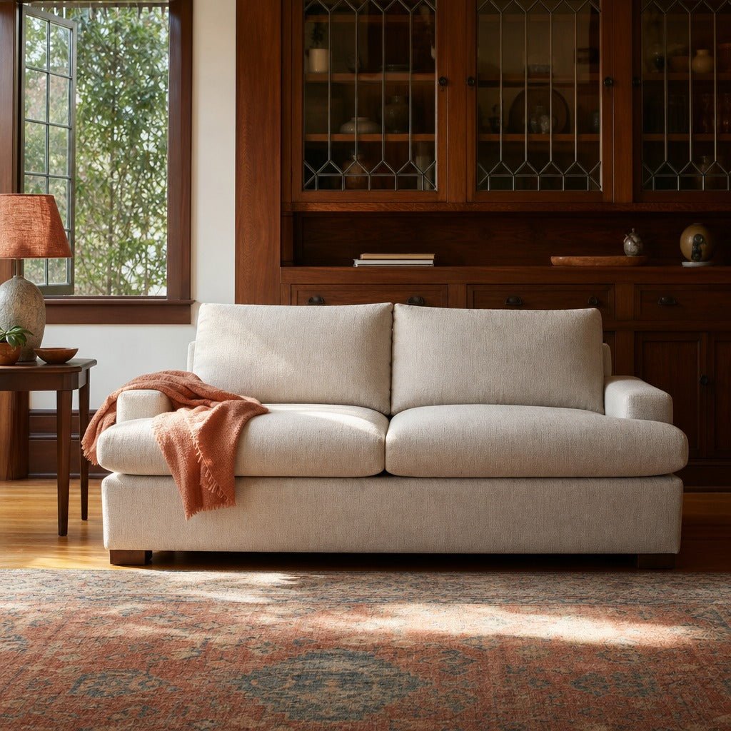 Martha Performance Double Sofa Bed in Sand styled in Portland Laurelhurst Tudor cottage living room - Whats New Furniture