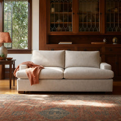 Martha Performance Double Sofa Bed in Sand styled in Portland Laurelhurst Tudor cottage living room - Whats New Furniture