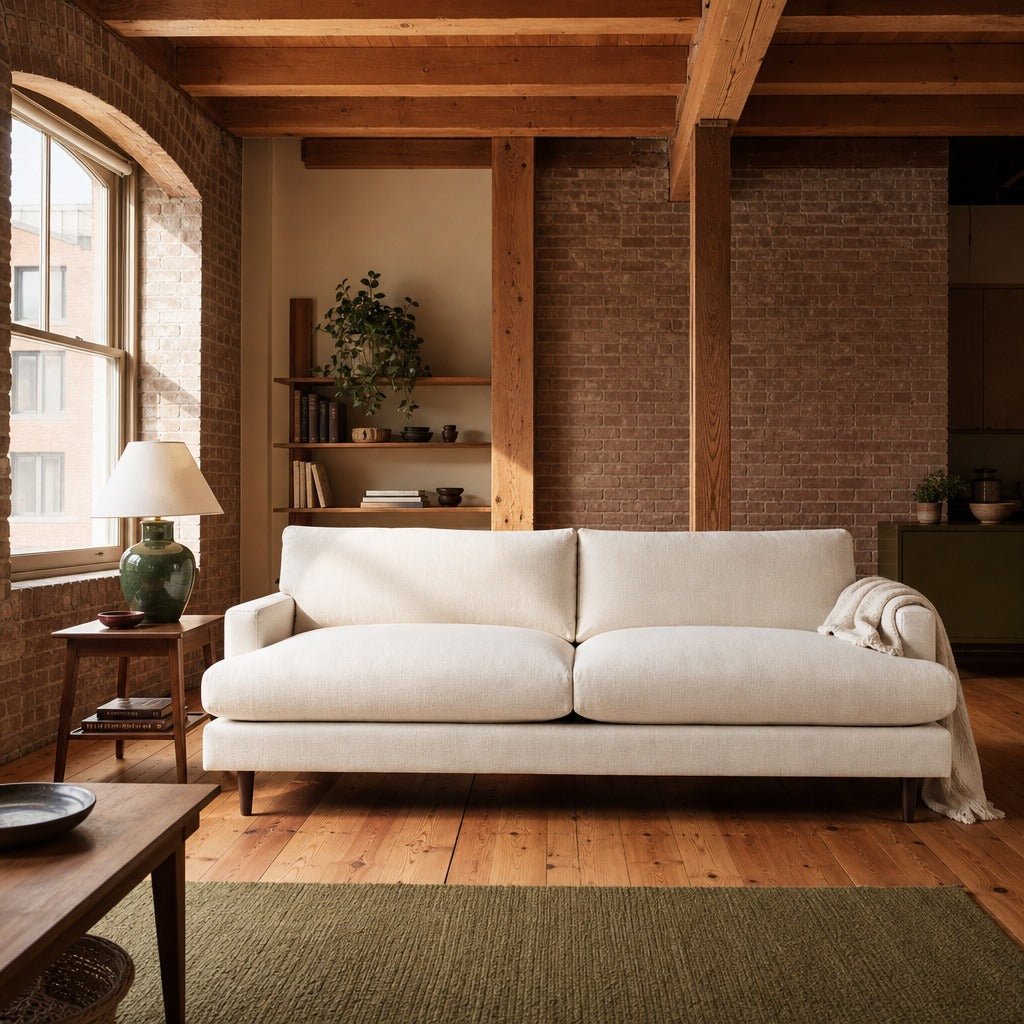 Martha Sofa in Beach Alabaster styled in Portland converted warehouse flat with warm exposed brick and fir timber beams (no steel, no concrete) living room - Whats New Furniture