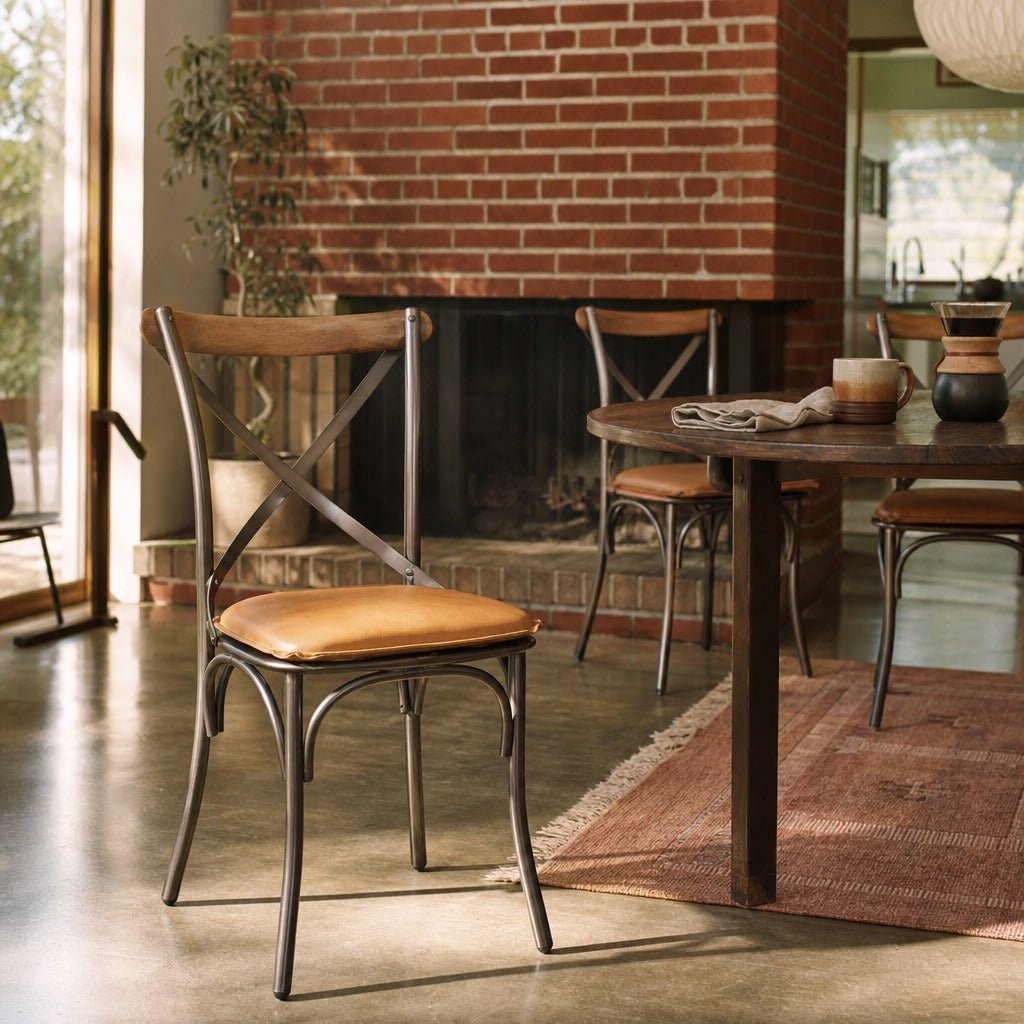 Metal Crossback Dining Chair in Cognac styled in Portland 1960s Garden Home ranch dining room - Whats New Furniture