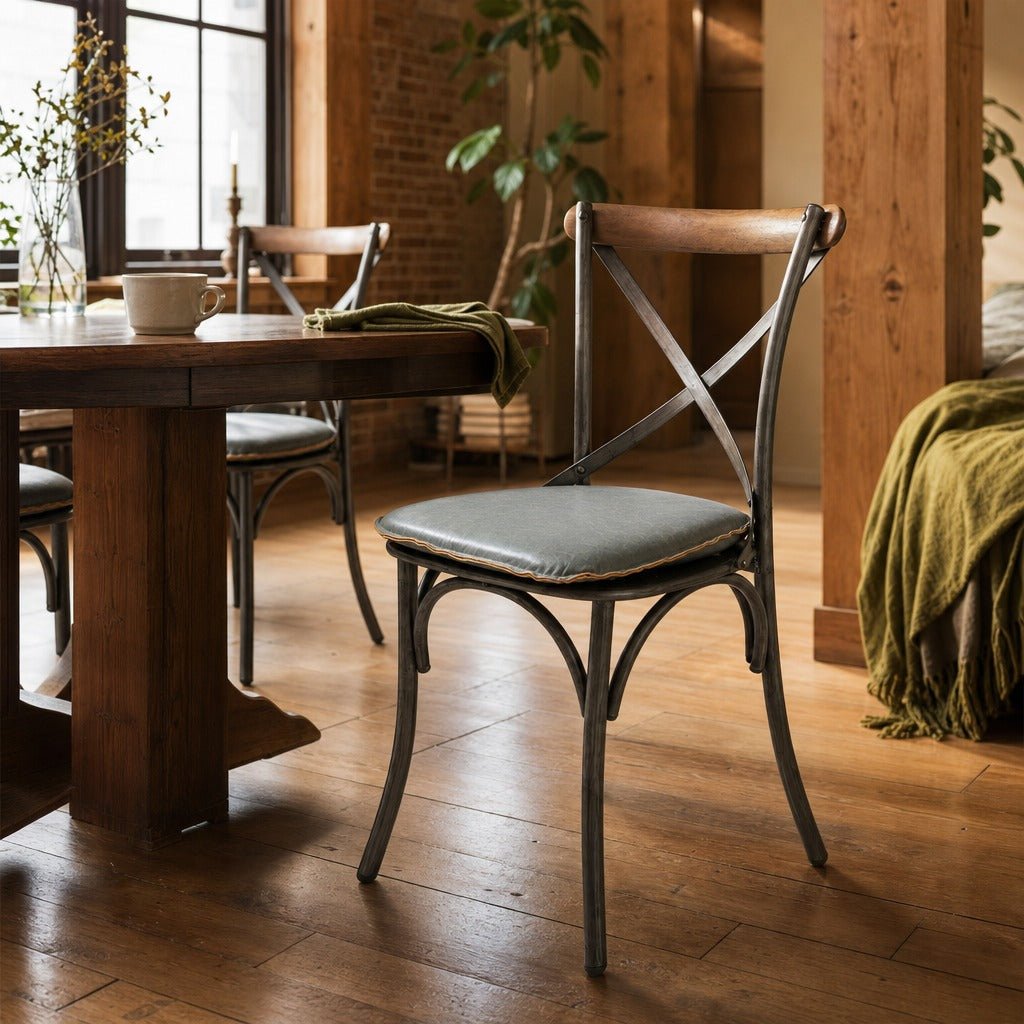 Metal Crossback Dining Chair in Grey styled in Portland converted warehouse flat with warm exposed brick and fir timber beams (no steel, no concrete) dining room - Whats New Furniture