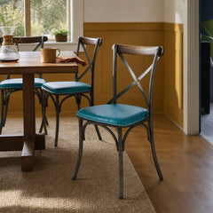 Metal Crossback Dining Chair in Peacock Blue styled in Portland St. Johns bungalow dining room - Whats New Furniture