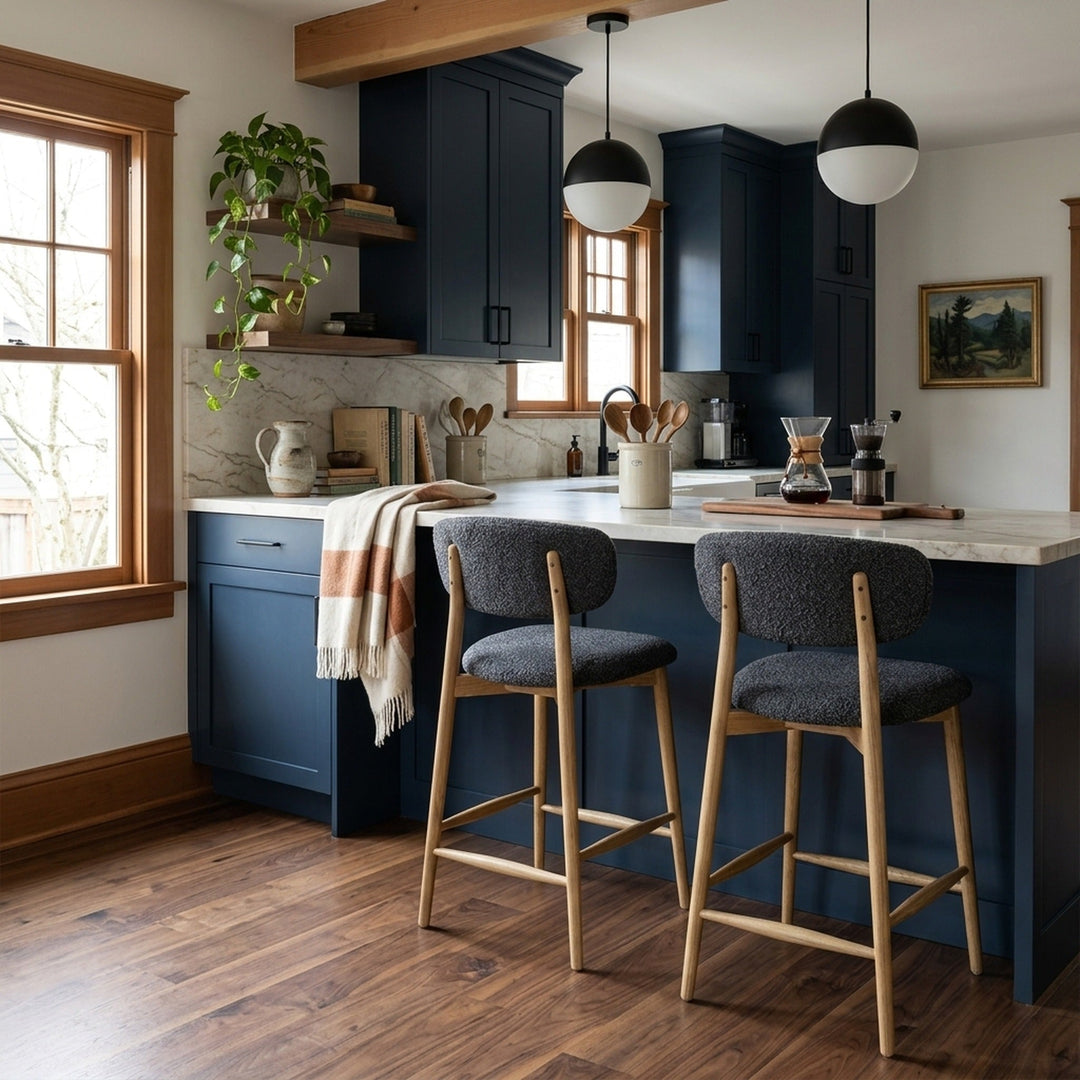 Milo Counter Stool in Cloud Storm bouclé styled at a kitchen island in a Portland Craftsman kitchen with navy cabinets and walnut floors — What&