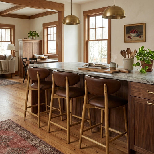 Milo Counter Stool in Mocha top-grain leather styled at a kitchen island in a Portland Craftsman kitchen with walnut cabinets and brass pendants — What&