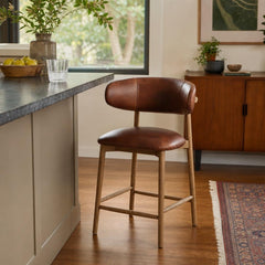 Milo Counter Stool in Tobacco, upholstered counter stool at a kitchen island in a Portland home - Whats New Furniture