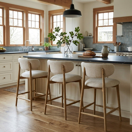 Milo Counter Stool in Vanilla Tweed fabric styled at a kitchen island in a Portland Craftsman kitchen with creamy shaker cabinets and blue zellige tile — What&