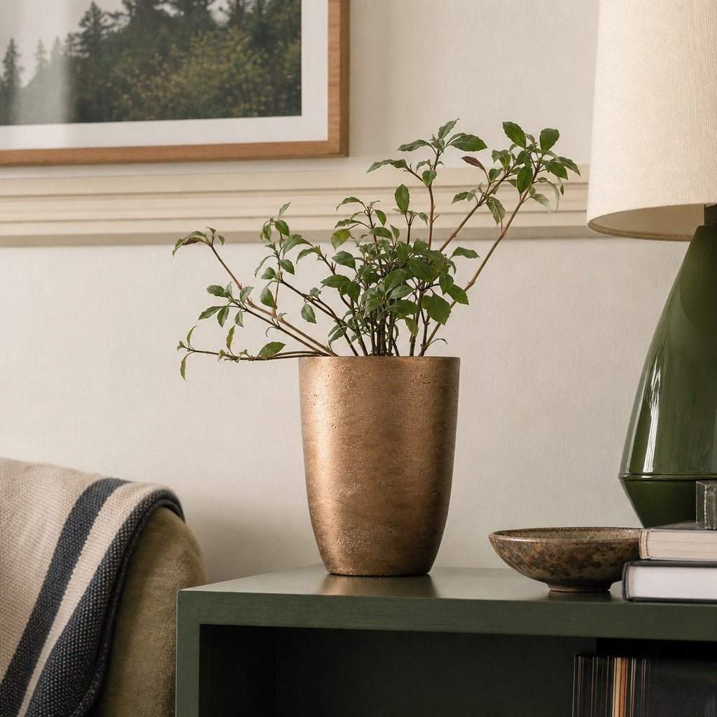 Mineral Medium Tapered Vase in Metallic Bronze styled in Portland Sellwood cottage living room - Whats New Furniture