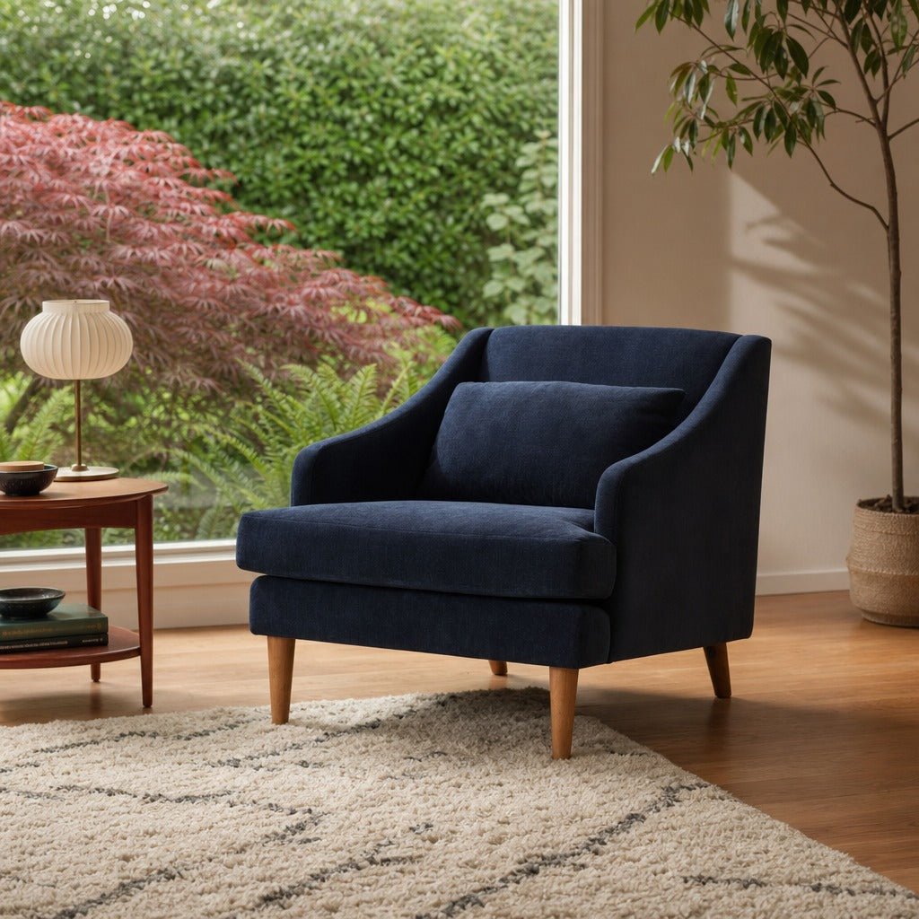 Missy Club Chair in Navy Velvet styled in Portland Mt. Tabor mid-century daylight ranch living room - Whats New Furniture