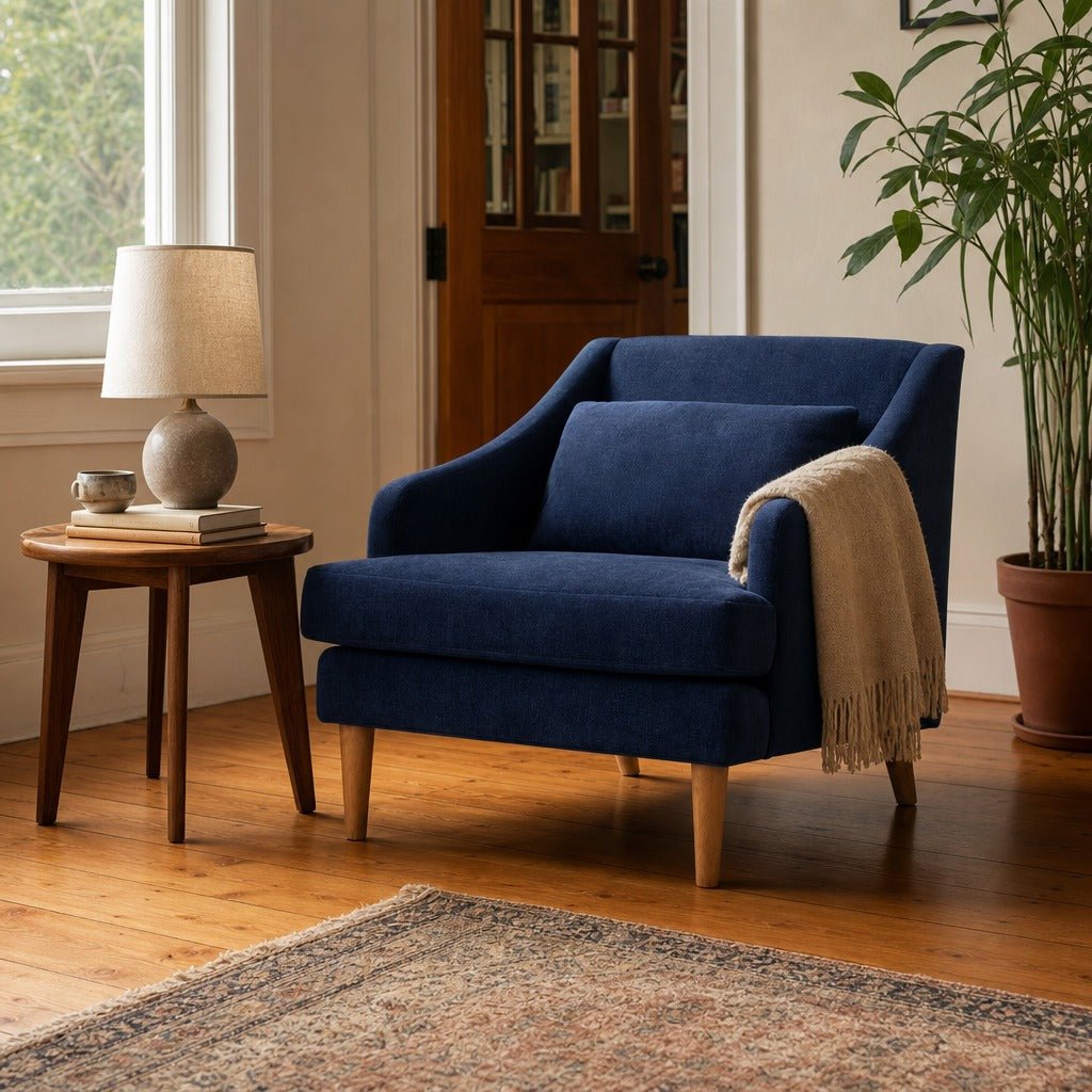 Missy Club Chair in Navy Velvet styled in Portland Montavillcottage living room - Whats New Furniture