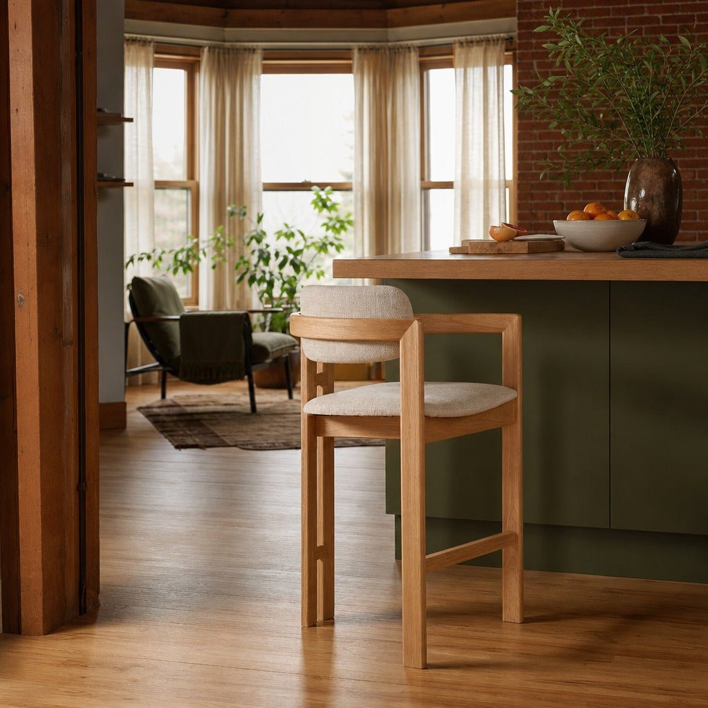 Monterrey Counter Stool in Cream Tweed styled in Portland converted warehouse flat with warm exposed brick and fir timber beams (no steel, no concrete) kitchen - Whats New Furniture