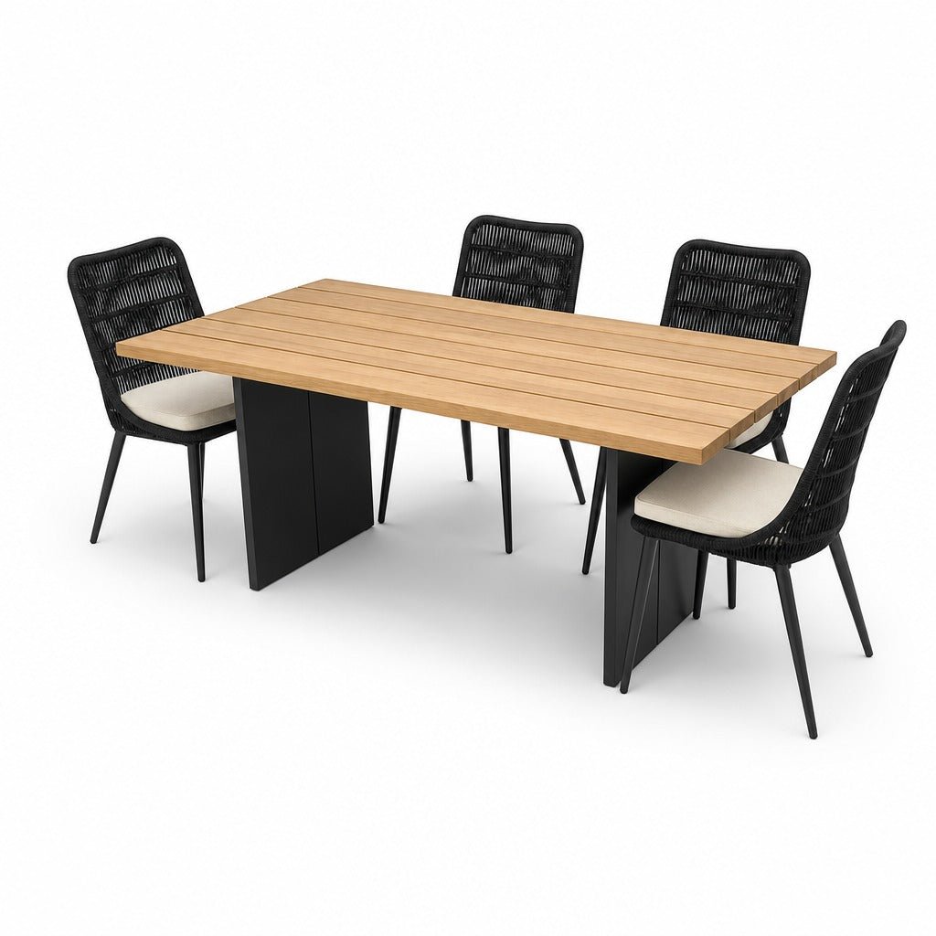Naples Outdoor Dining Set with 4 Chairs - teak-finish acacia table with rope dining chairs by LH Imports - What's New Furniture Portland OR