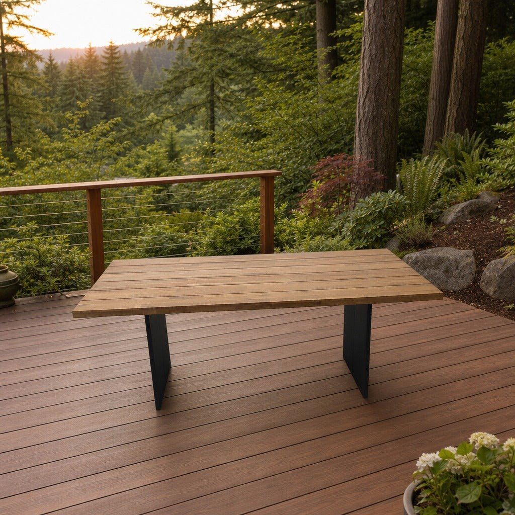 Naples Outdoor Dining Table on a spacious cedar deck overlooking a leafy Pacific Northwest garden in soft evening light - What&