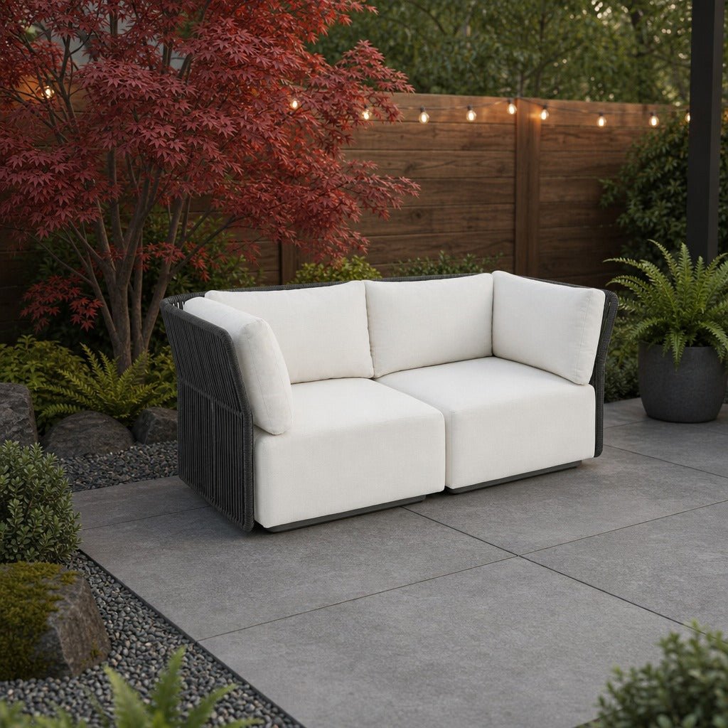 Naples Outdoor Loveseat on a backyard patio conversation corner with a gravel border - What&