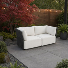 Naples Outdoor Loveseat on a backyard patio conversation corner with a gravel border - What&