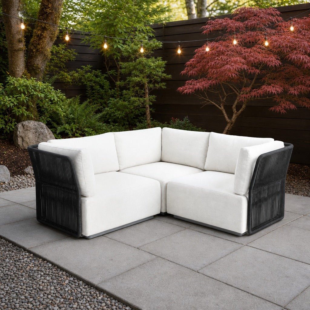 Naples Outdoor Small Sectional on a backyard patio conversation corner with a gravel border - What&