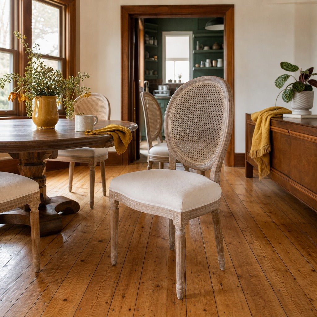 Napoleon Cane Back Dining Chair in Antique Linen styled in Portland Hawthorne Craftsmbungalow dining room - Whats New Furniture