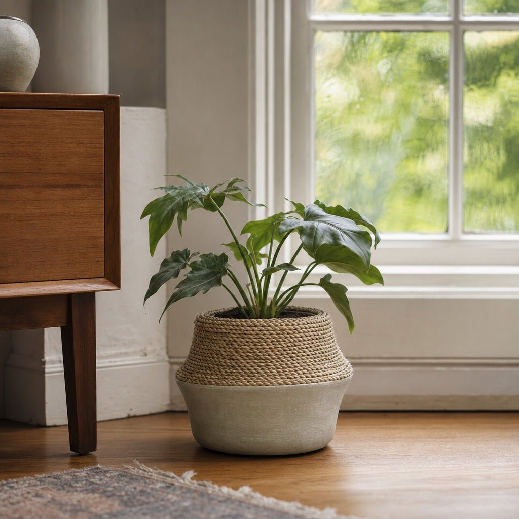 Nature Milk Jug Grass and Concrete Pot styled in Portland Sellwood cottage living room - Whats New Furniture