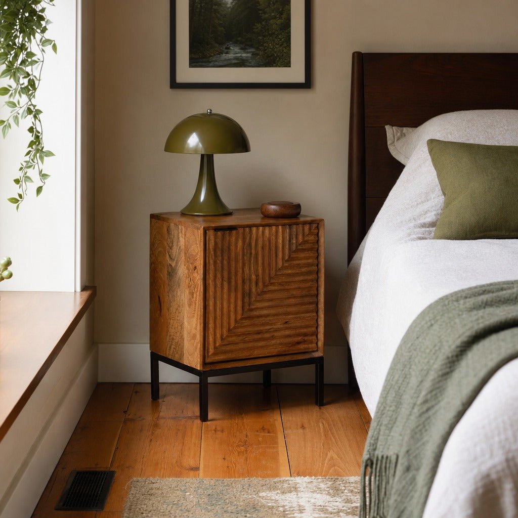 Nikita Nightstand styled in Portland Sellwood cottage bedroom - Whats New Furniture