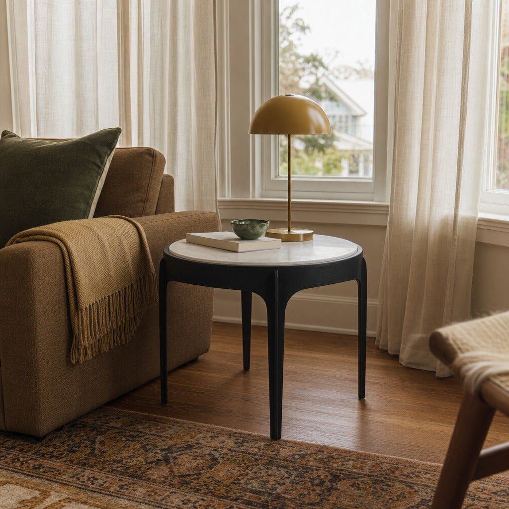 Nila Side Table styled in Portland Hawthorne Craftsmbungalow living room - Whats New Furniture