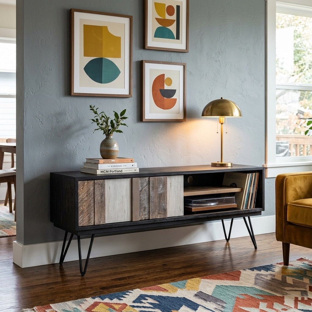 Noir Havana Media Cabinet styled in a bright Portland mid-century modern interior - Whats New Furniture