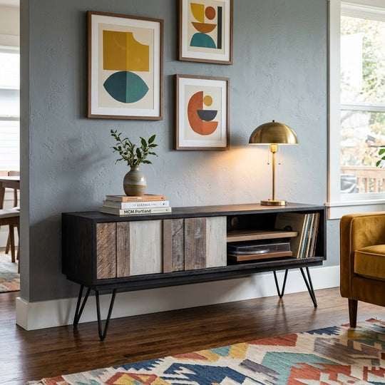 Noir Havana Media Cabinet styled in a bright Portland mid-century modern interior - Whats New Furniture