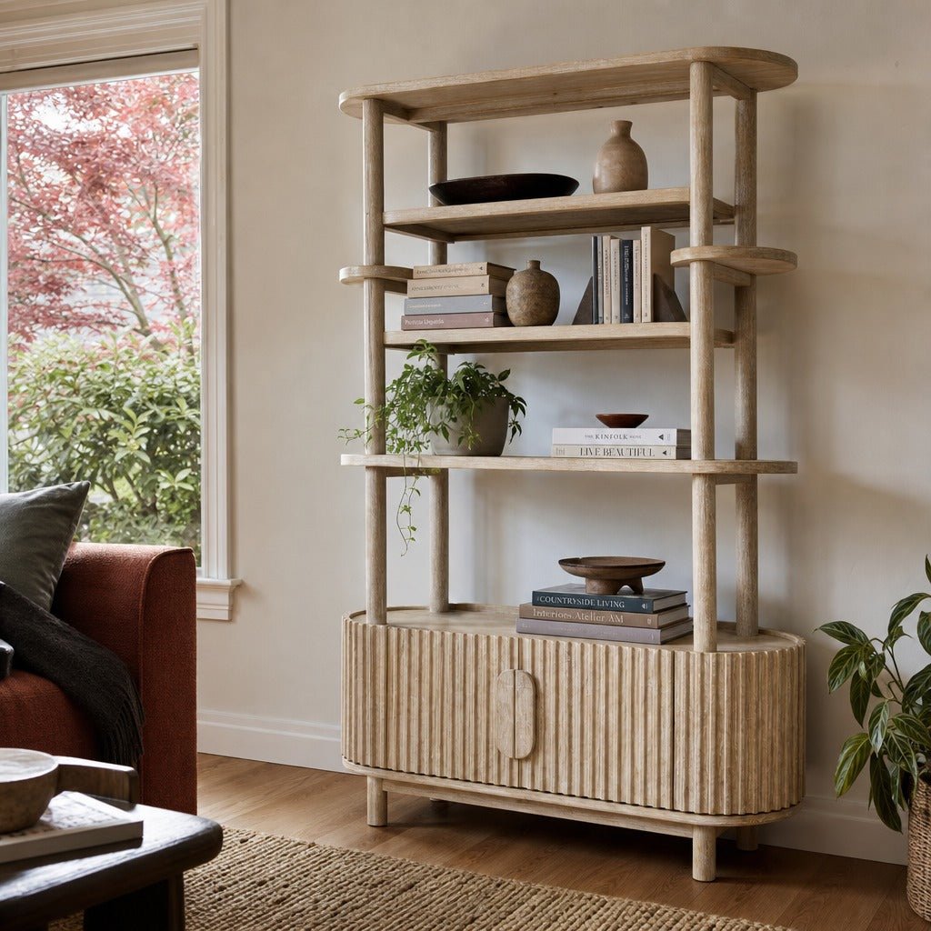 Oasis Bookcase styled in Portland AlbertArts foursquare living room - Whats New Furniture