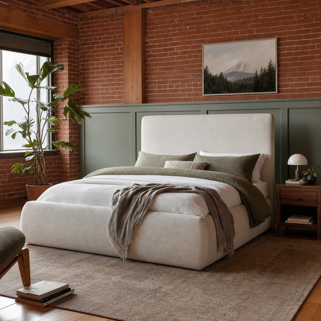 Oceana Queen Bed in Taupe styled in Portland converted warehouse flat with warm exposed brick and fir timber beams (no steel, no concrete) bedroom - Whats New Furniture
