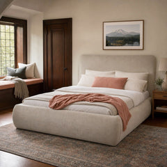 Oceana Queen Bed in Taupe styled in Portland Laurelhurst Tudor cottage bedroom - Whats New Furniture
