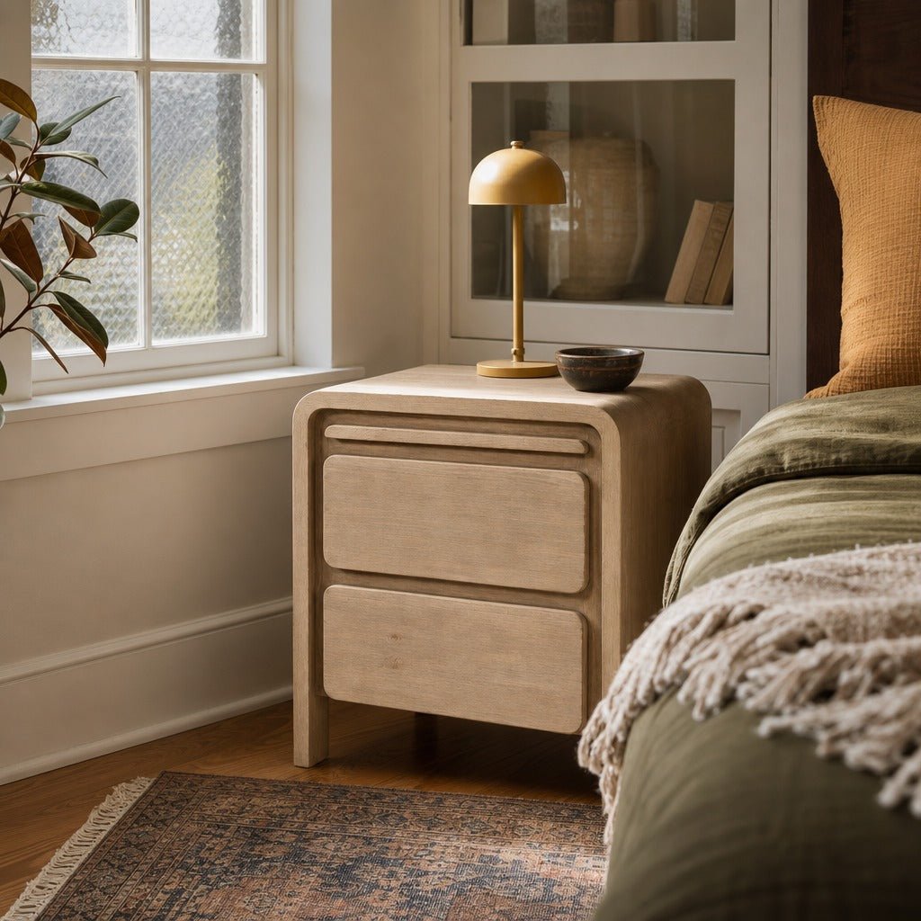 Opera 2 Drawer Nightstand in Scrubbed Teak styled in Portland Irvington foursquare with original built-ins bedroom - Whats New Furniture
