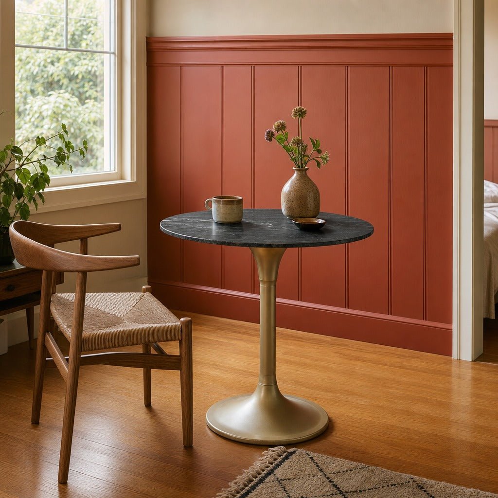Pandora Bistro Table in Italian Black Marble styled in Portland Montavillcottage dining room - Whats New Furniture