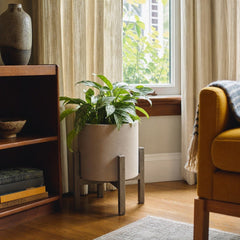 Patio Round Standing Planter Small in Brown Stone styled in Portland Hawthorne Craftsmbungalow living room - Whats New Furniture