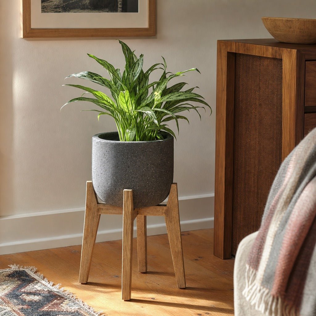 Patio Round Standing Planter Small in Grey Stone styled in Portland Montavillcottage living room - Whats New Furniture