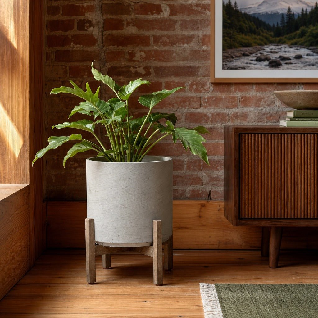 Patio Round Standing Pot Large in Cement Grey styled in Portland converted warehouse flat with warm exposed brick and fir timber beams (no steel, no concrete) living room - Whats New Furniture