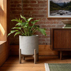 Patio Round Standing Pot Large in Cement Grey styled in Portland converted warehouse flat with warm exposed brick and fir timber beams (no steel, no concrete) living room - Whats New Furniture
