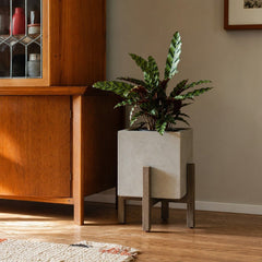 Patio Square Standing Planter in Natural Stone styled in Portland 1960s Garden Home ranch living room - Whats New Furniture