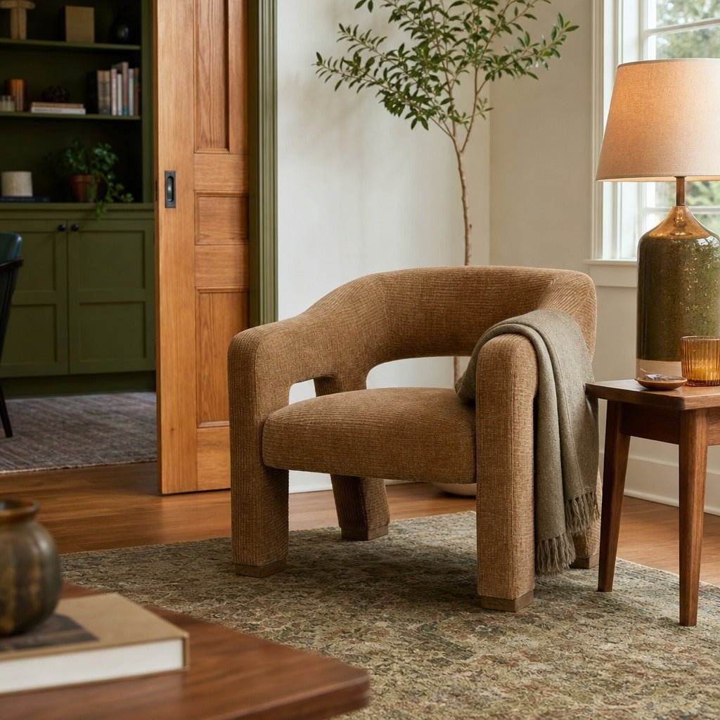 Quinn Club Chair in Chai styled in Portland Sellwood cottage living room - Whats New Furniture