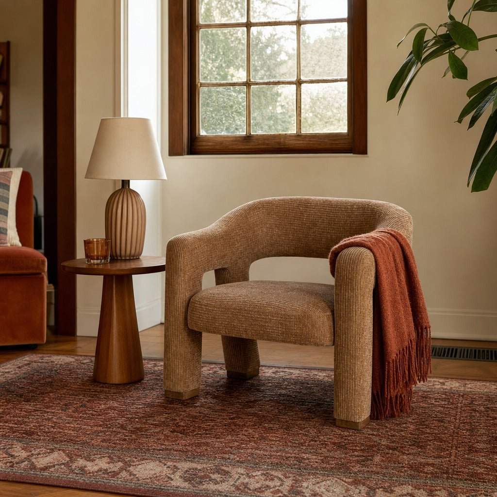 Quinn Club Chair in Chai styled in Portland Montavillcottage living room - Whats New Furniture