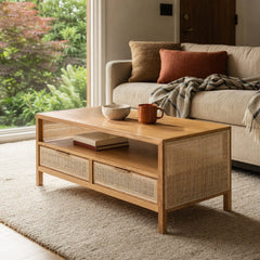 Rattan Coffee Table in Natural styled in Portland 1960s Garden Home ranch living room - Whats New Furniture