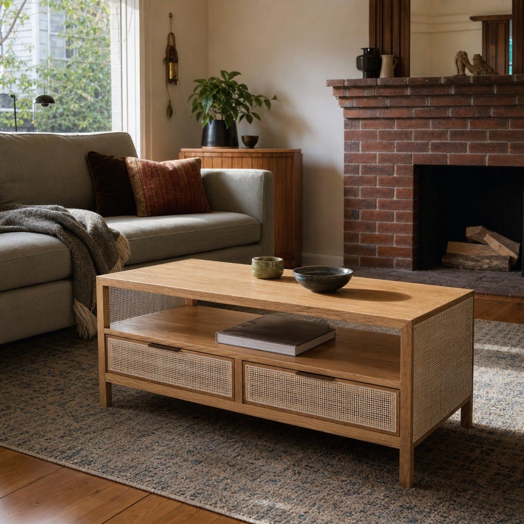 Rattan Coffee Table in Natural styled in Portland AlbertArts foursquare living room - Whats New Furniture