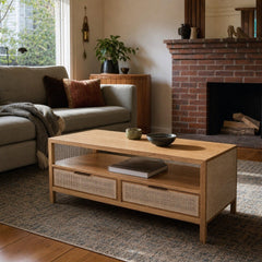 Rattan Coffee Table in Natural styled in Portland AlbertArts foursquare living room - Whats New Furniture
