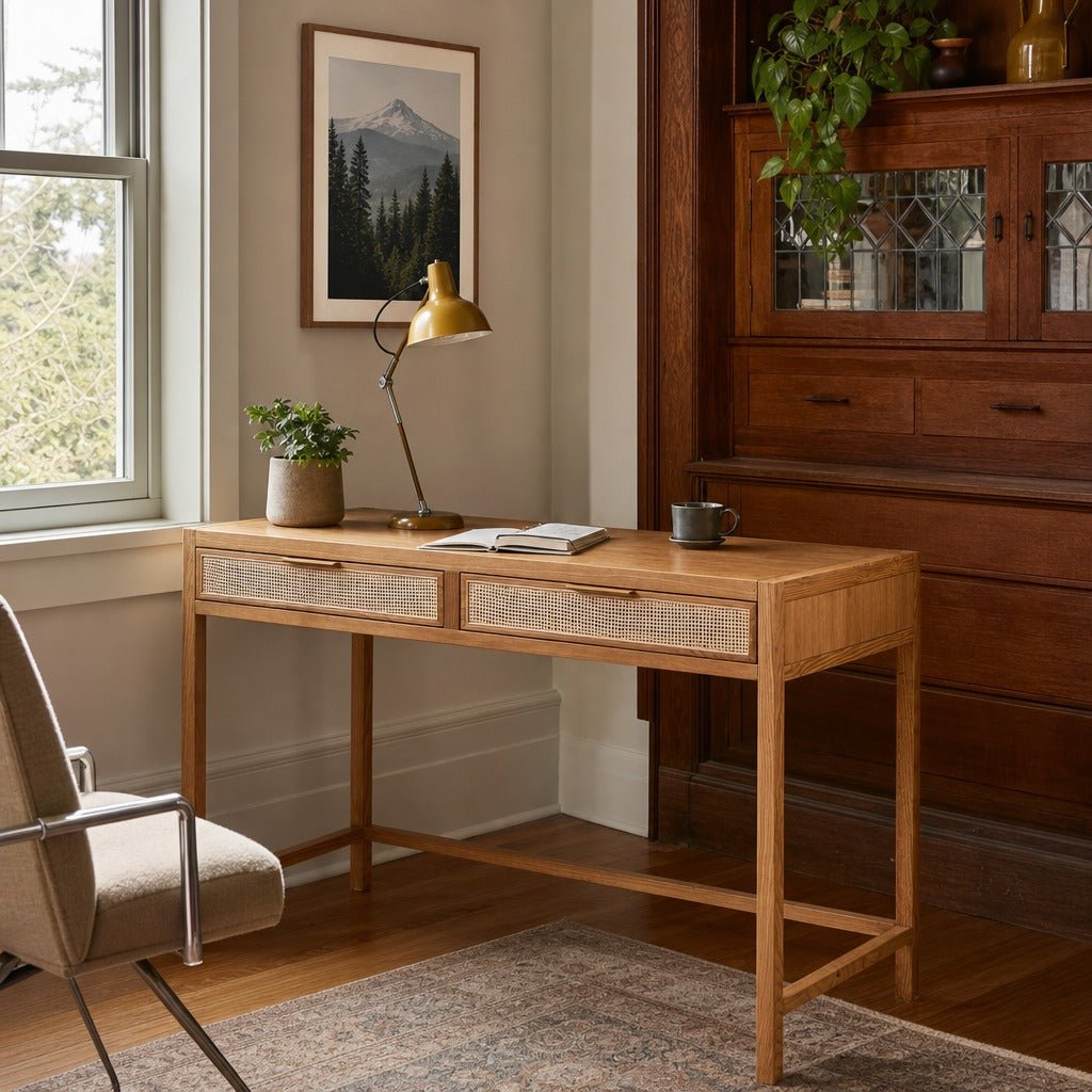 Rattan Desk in Natural styled in Portland Hawthorne Craftsmbungalow home office - Whats New Furniture