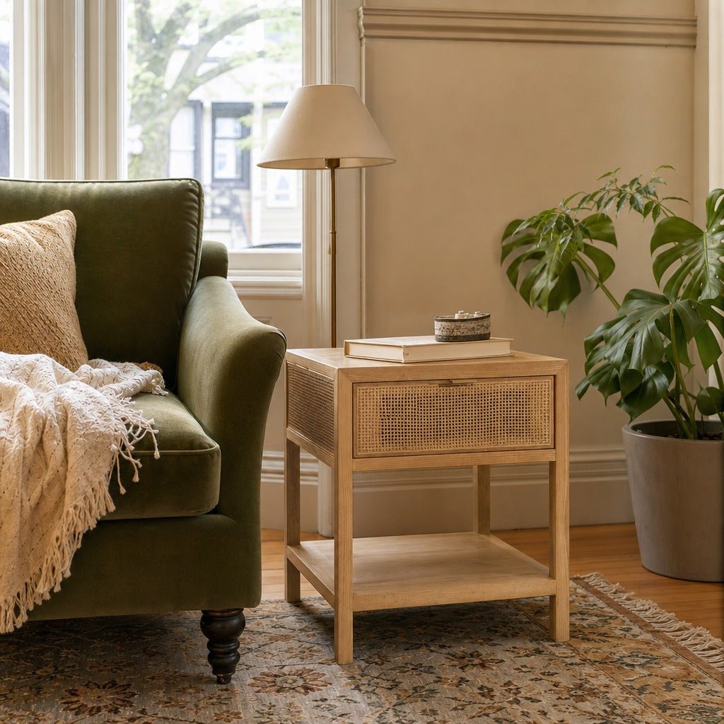 Rattan Side Table in Natural styled in Portland NW 23rd Victoriwith bay window living room - Whats New Furniture