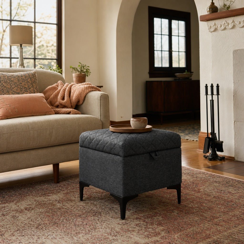 Reece Storage Ottoman in Charcoal Grey styled in Portland Laurelhurst Tudor cottage living room - Whats New Furniture