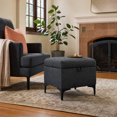 Reece Storage Ottoman in Charcoal Grey styled in Portland Laurelhurst Tudor cottage living room - Whats New Furniture