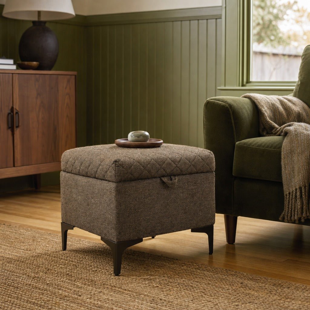 Reece Storage Ottoman in Medium Brown styled in Portland Sellwood cottage living room - Whats New Furniture