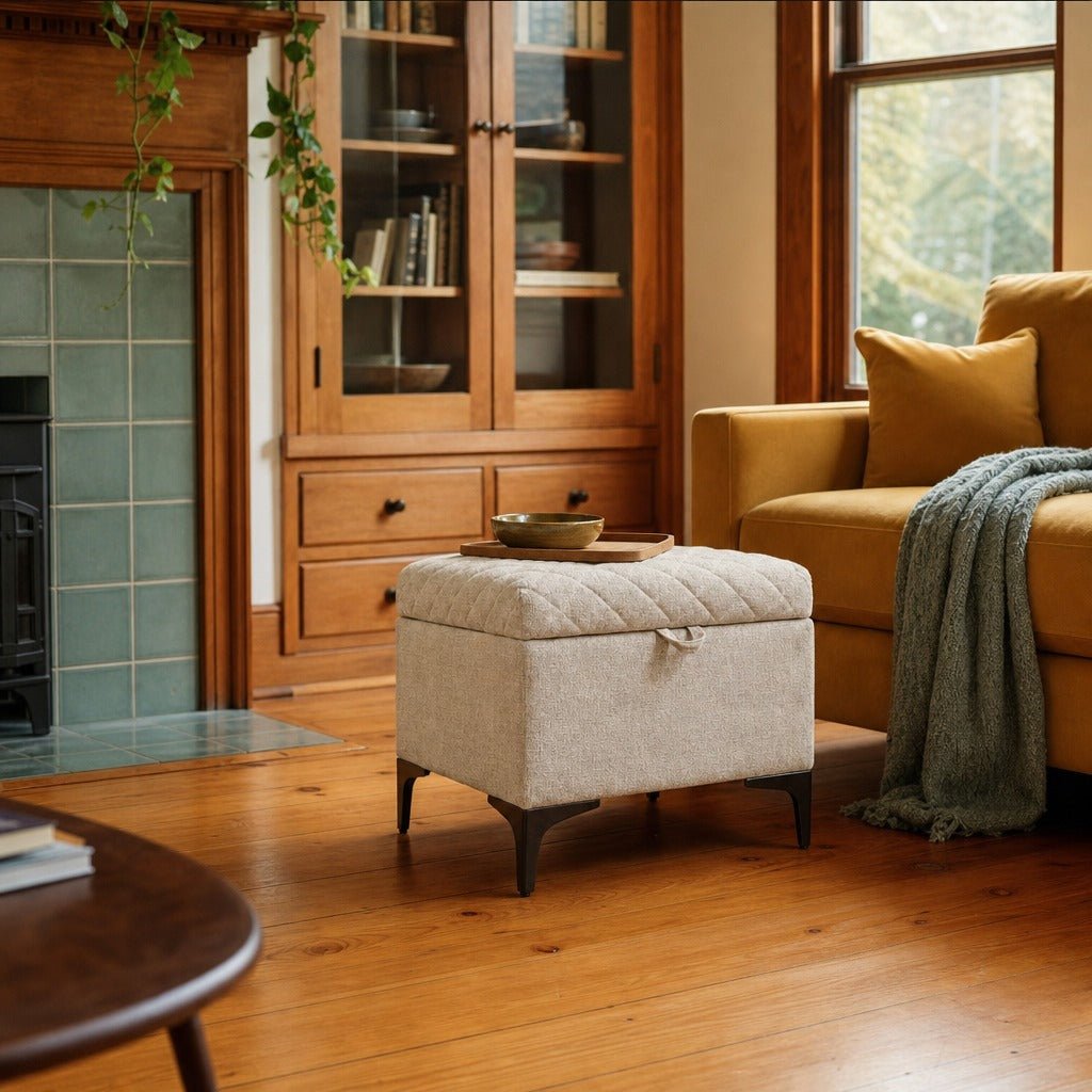 Reece Storage Ottoman in Tan styled in Portland Irvington foursquare with original built-ins living room - Whats New Furniture