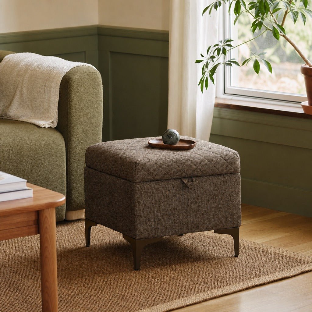 Reece Storage Ottoman in Medium Brown styled in Portland Sellwood cottage living room - Whats New Furniture